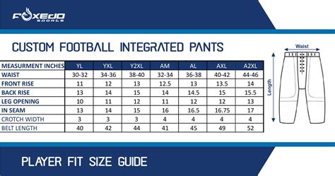 Football Pants Size Chart