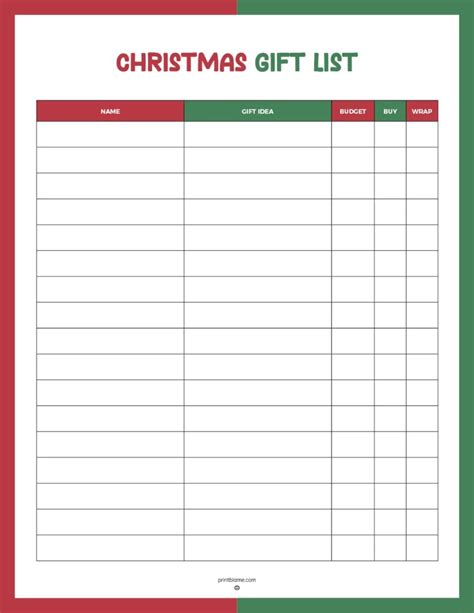 Free Christmas Gift List Template