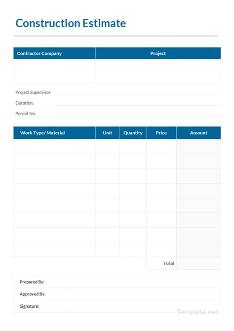 Free Construction Estimate Template Word