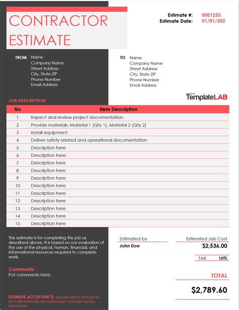 Free Contractor Estimate Template