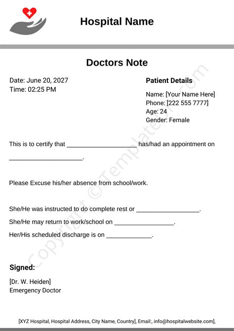 Free Doctors Note For Work Template