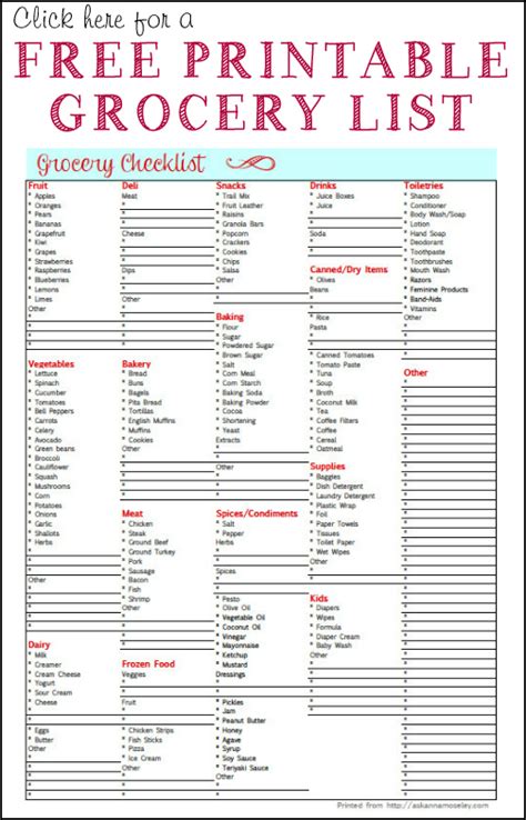 Free Grocery List Printable