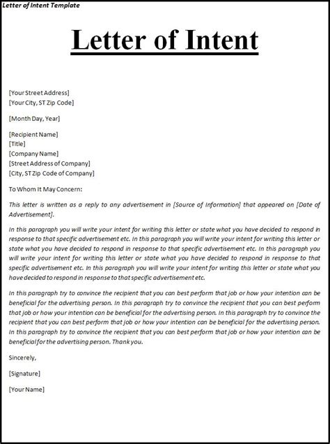 Free Letter Of Intent Template