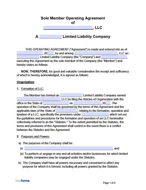 Free Operating Agreement Template For Single Member Llc