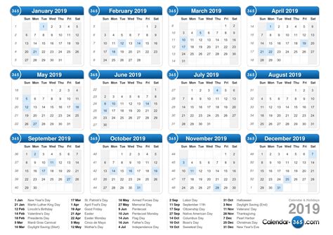 Free Printable 2019 Calendar With Holidays And Week Numbers