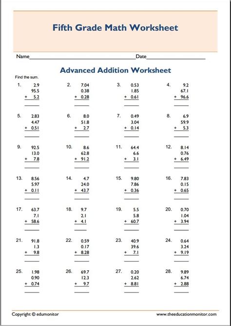 Free Printable 5th Grade Math Worksheets