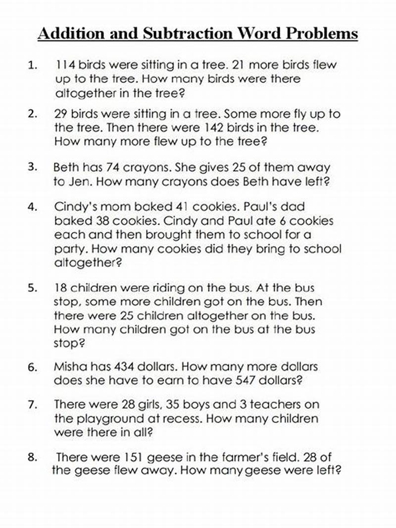 Free Printable Addition And Subtraction Word Problems