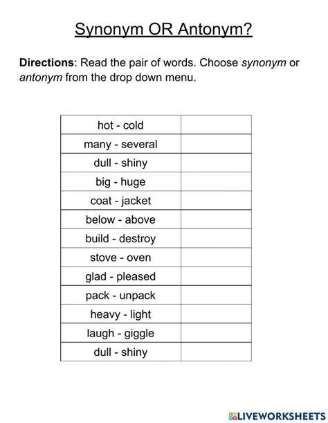 Free Printable Antonym Synonym Worksheets For 4th Grade