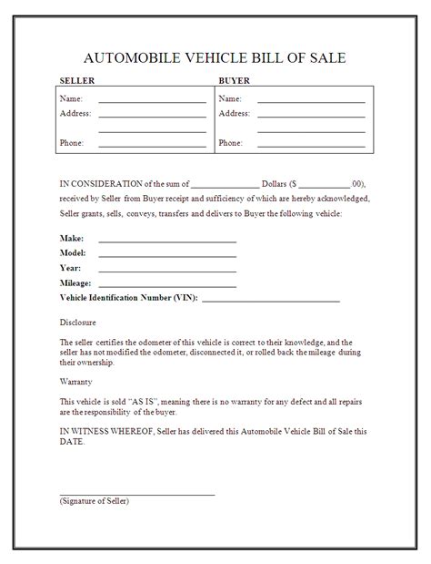 Free Printable Bill Of Sale Form For Auto