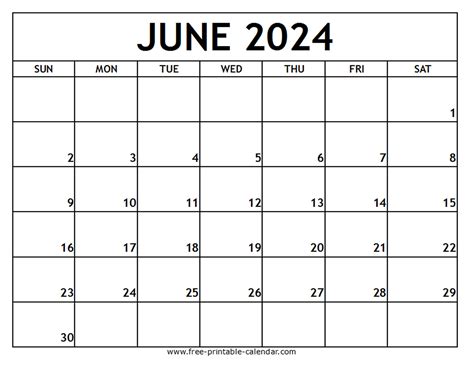 Free Printable Calendar For June 2024