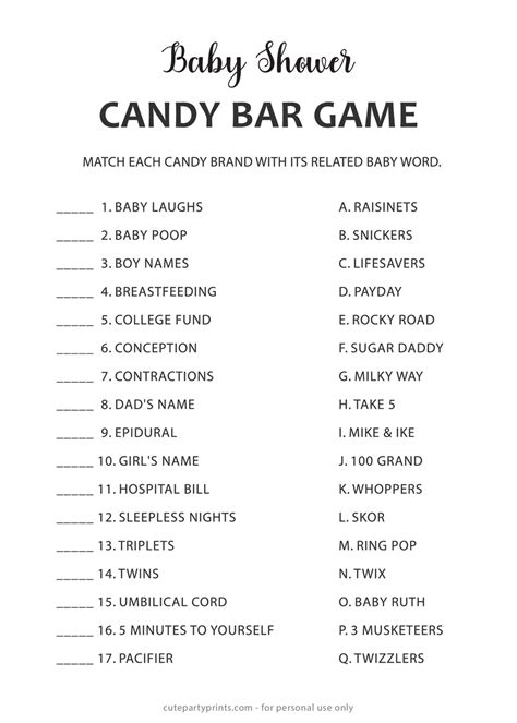 Free Printable Candy Bar Game