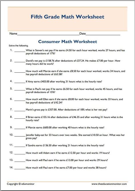 Free Printable Consumer Math Worksheets