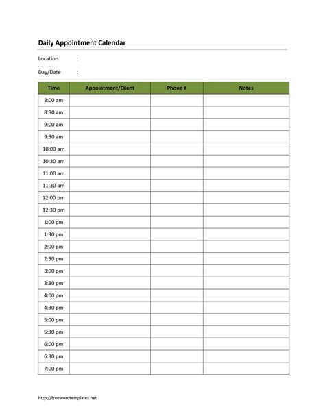 Free Printable Daily Appointment Sheets