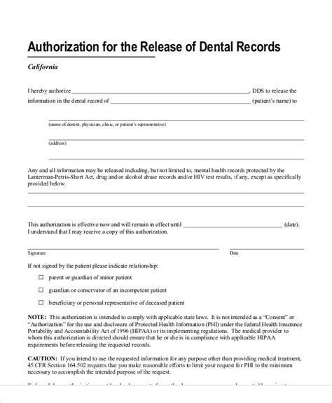 Free Printable Dental Records Release Form