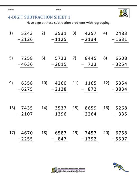 Free Printable Grade 4 Unknown Digit Subtraction Worksheets