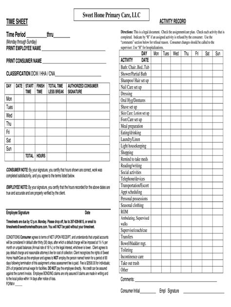 Free Printable Home Health Care Timesheets