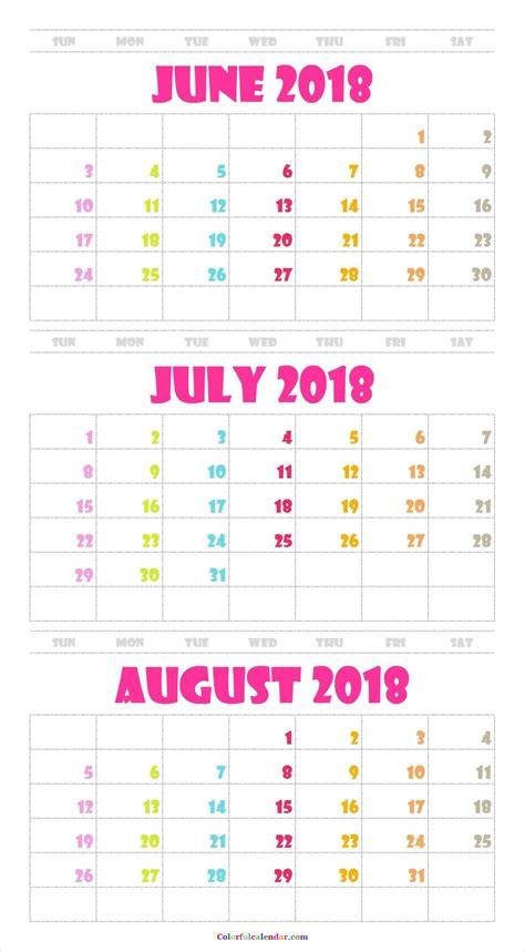 Free Printable June July And August 2018 Calendar