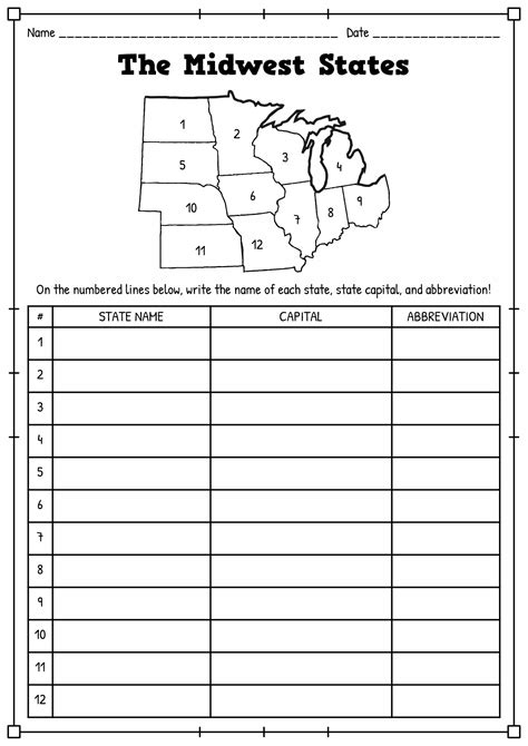 Free Printable Midwest States And Capitals Worksheet