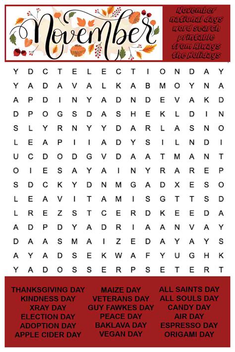 Free Printable November Word Search