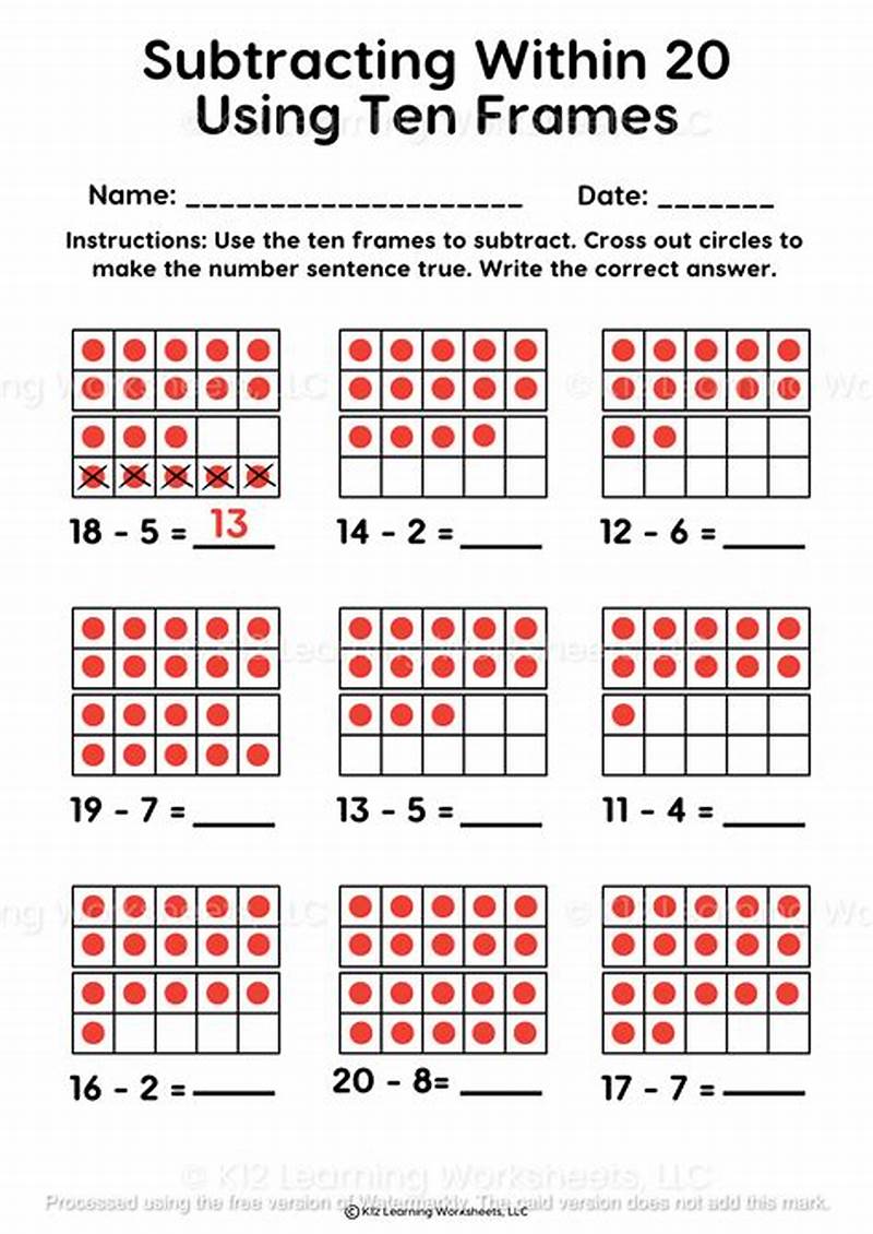 Free Printable Subtraction Using Ten Frames Worksheets