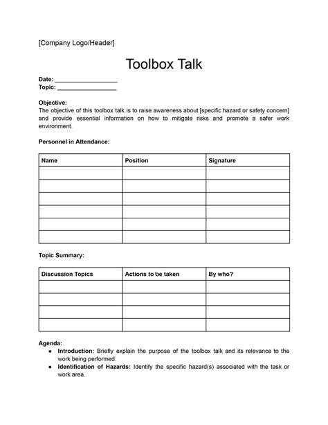 Free Printable Tool Box Talks