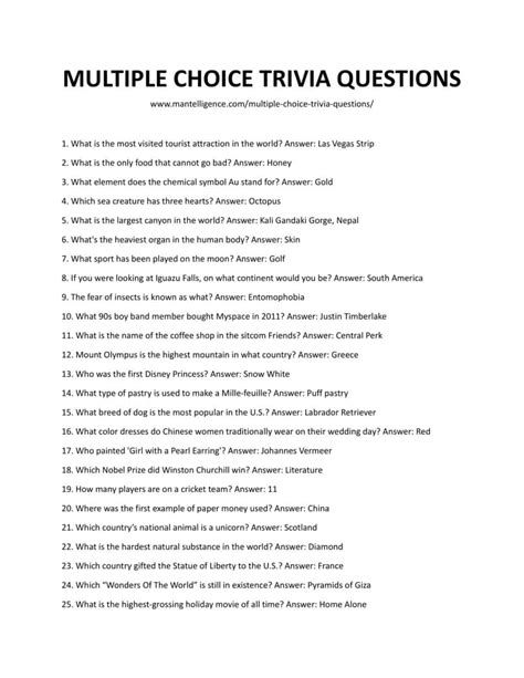 Free Printable Trivia Questions And Answers Multiple Choice