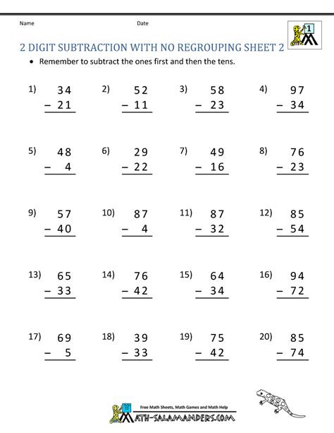 Free Printable Two Digit Subtraction Without Regrouping Worksheets