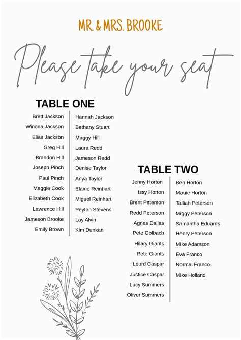 Free Table Seating Chart Template