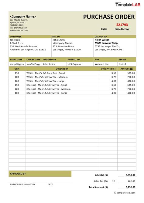 Free Template For Purchase Order