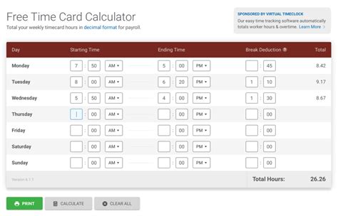 Free Time Card Calculator Timesheet