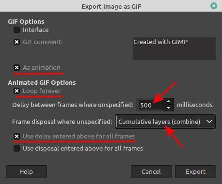 GIMP Export Image as GIF dialog