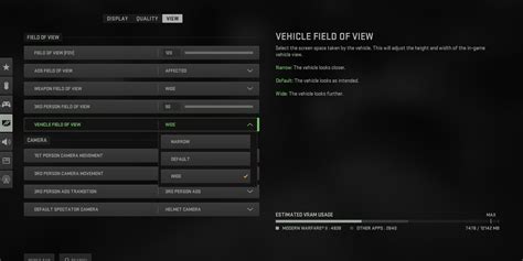 Gaming graphics settings menu