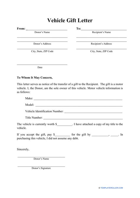 Gift Letter Template For Vehicle