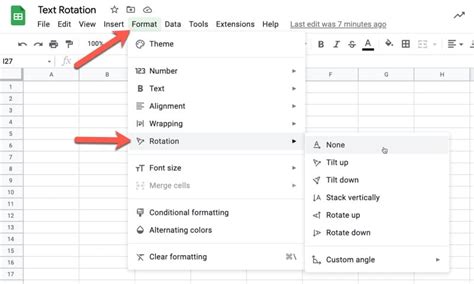 Google Sheets Format Menu Text Rotation