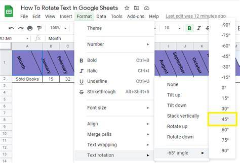Google Sheets Text Rotation Button