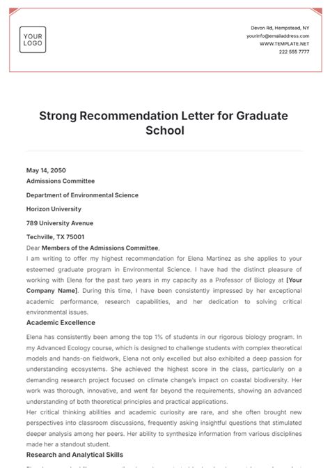 Graduate School Recommendation Letter Template