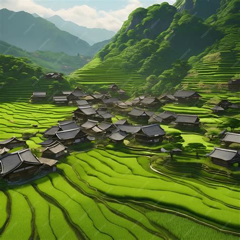 Green rice fields village