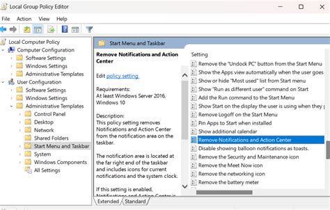 Group Policy Editor - Remove Notifications and Action Center