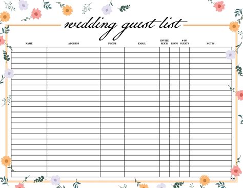 Guest List Template Wedding