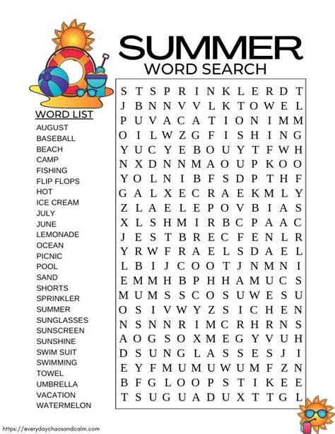 Hard Summer Word Search Printable Free