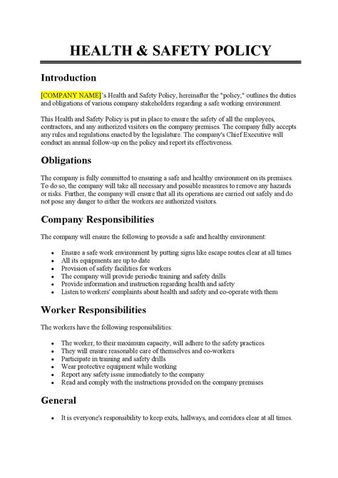 Health And Safety Policy Template