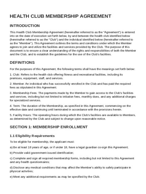 Health Club Contract Template