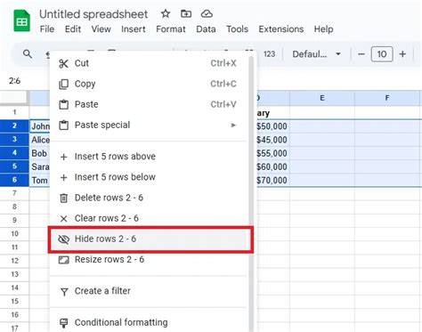 Hide rows option in Google Sheets