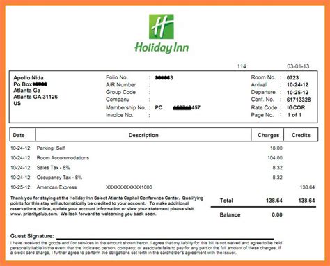 Holiday Inn Receipt Template