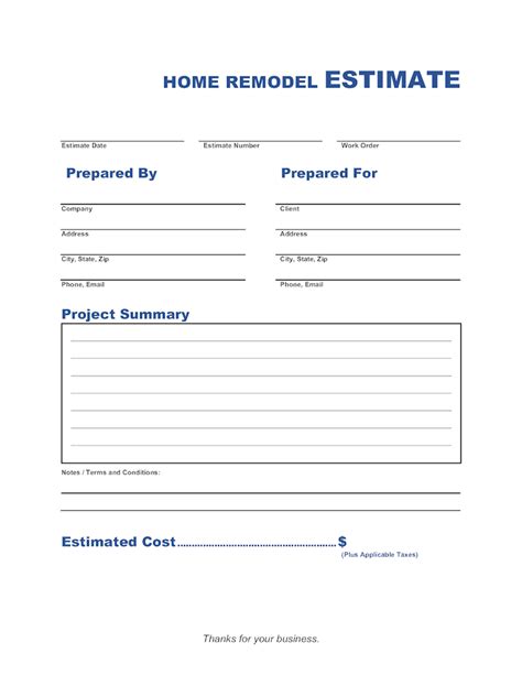 Home Remodel Estimate Template