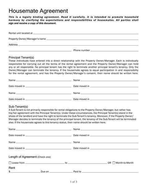 Housemate Agreement Template