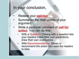 How do you restate the main points in a conclusion