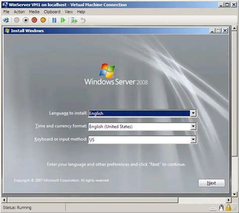 Hyper-V Virtual Machine Connection window showing OS installation