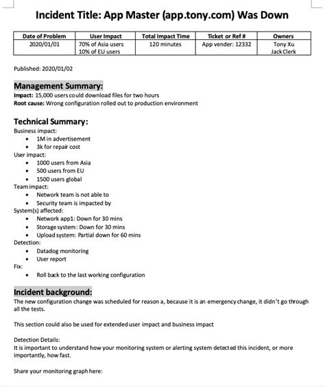 Incident Post Mortem Template