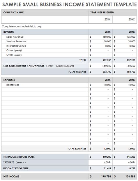 Income Statement Template Small Business